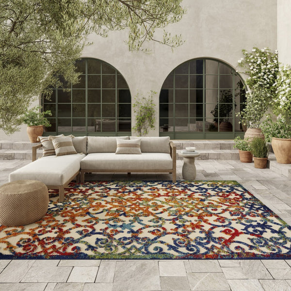 HomeRoots 5' Elegant Ivory and Blue Floral Area Rug for Indoor and Outdoor Spaces - Durable & Stylish Design 6' x 9' 385033