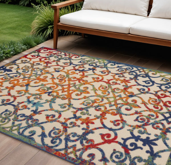 HomeRoots 5' Elegant Ivory and Blue Floral Area Rug for Indoor and Outdoor Spaces - Durable & Stylish Design 8' x 11' 385037