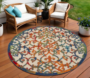 HomeRoots 5' Elegant Ivory and Blue Floral Area Rug for Indoor and Outdoor Spaces - Durable & Stylish Design 8' Round 385039