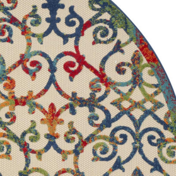 HomeRoots 5' Elegant Ivory and Blue Floral Area Rug for Indoor and Outdoor Spaces - Durable & Stylish Design 8' Round 385039