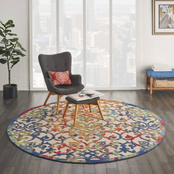 HomeRoots 5' Elegant Ivory and Blue Floral Area Rug for Indoor and Outdoor Spaces - Durable & Stylish Design 8' Round 385039