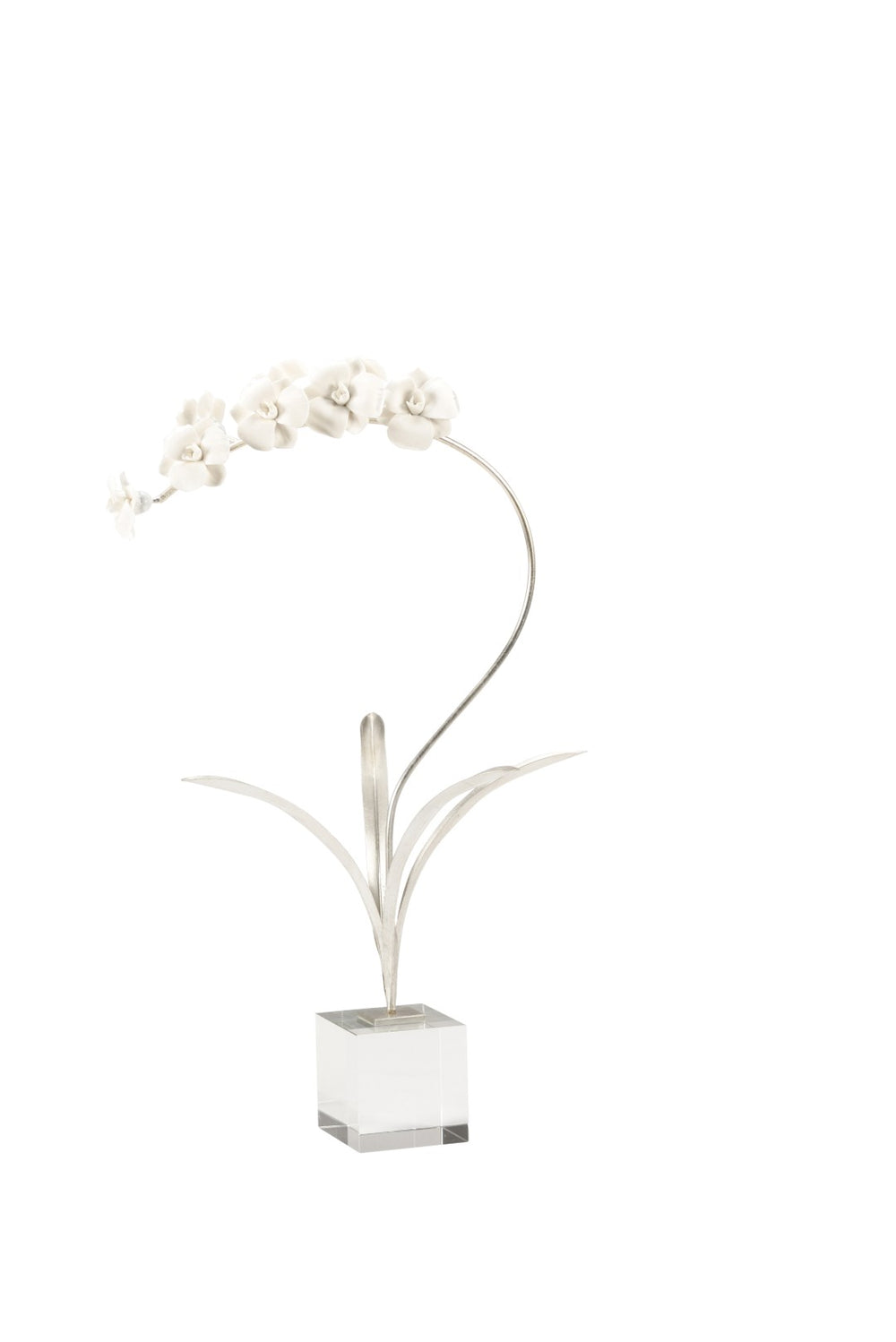 Chelsea House Orchid Handcrafted Porcelain Sculpture On Clear Crystal Base With Antique Silver-Leaf Stem, 23" Tall 385043