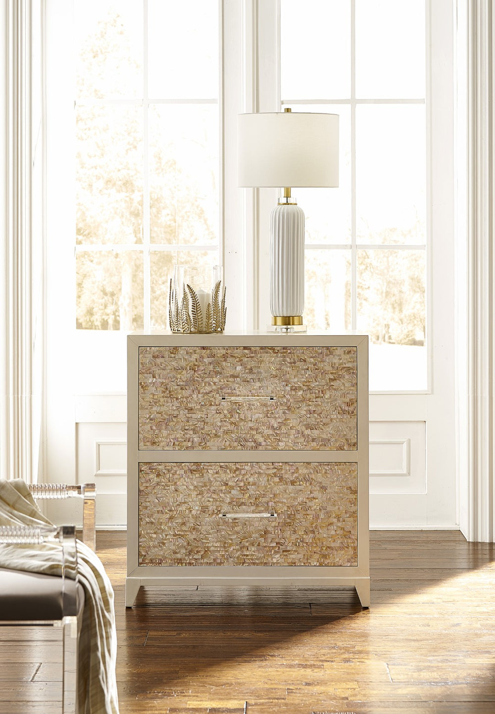 Chelsea House Mother Of Pearl Two-Drawer Chest By Claire Bell — Luminous Inlay, Acrylic Handles, Coastal Accent (36.5" H) 385058