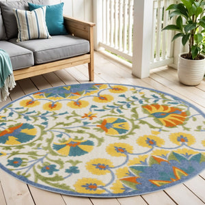 HomeRoots 5' Stylish Ivory and Blue Floral Area Rug - Durable Indoor/Outdoor Design for Elegant Spaces 5' Round 385061