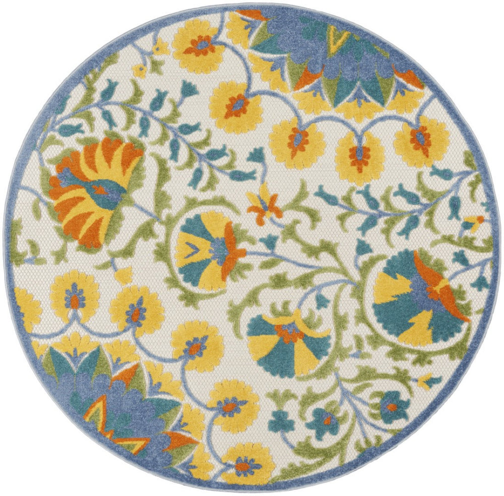 HomeRoots 5' Stylish Ivory and Blue Floral Area Rug - Durable Indoor/Outdoor Design for Elegant Spaces 5' Round 385061