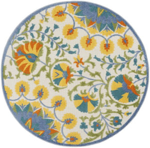 Homeroots 4' Elegant Ivory And Blue Floral Indoor-outdoor Area Rug For Stylish Living Spaces And Patios 5' Round Polypropylene 385061