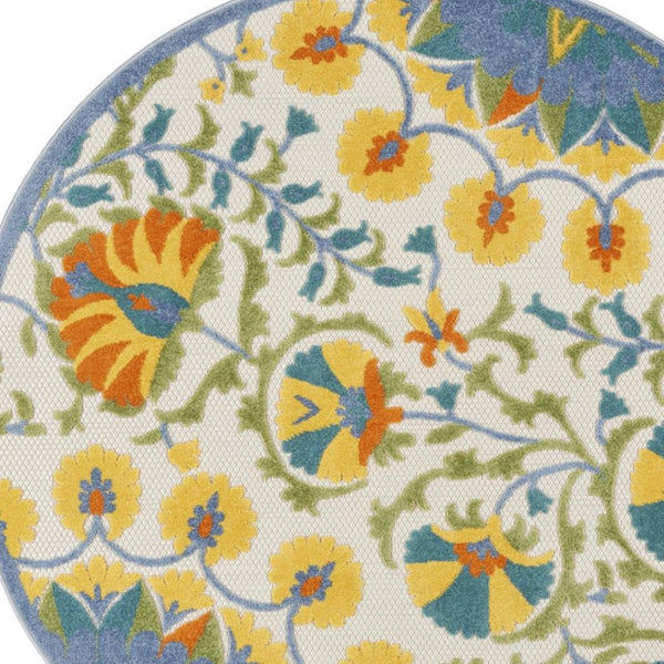 HomeRoots 5' Stylish Ivory and Blue Floral Area Rug - Durable Indoor/Outdoor Design for Elegant Spaces 5' Round 385061