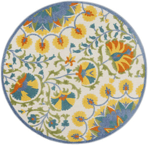 HomeRoots 5' Stylish Ivory and Blue Floral Area Rug - Durable Indoor/Outdoor Design for Elegant Spaces 5' Round 385061