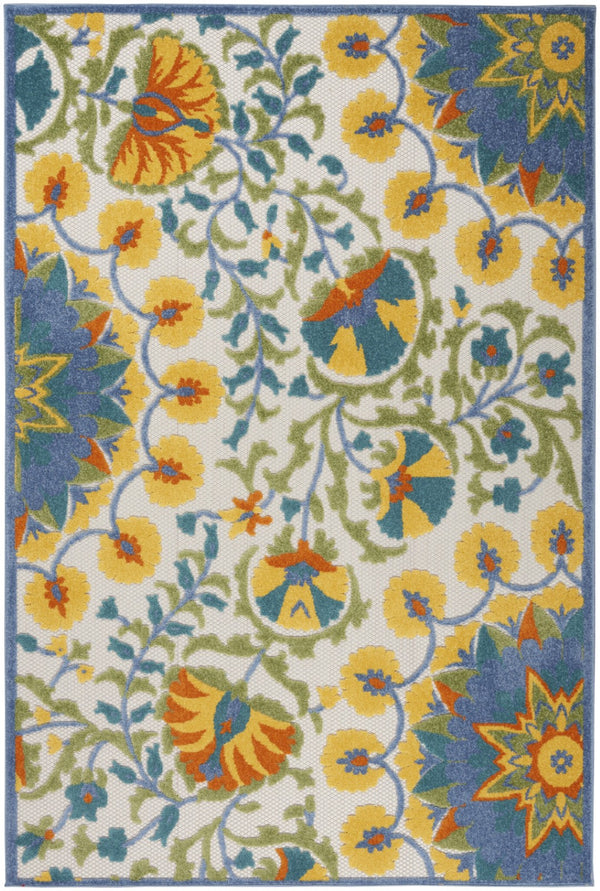 HomeRoots 5' Stylish Ivory and Blue Floral Area Rug - Durable Indoor/Outdoor Design for Elegant Spaces 6' x 9' 385063