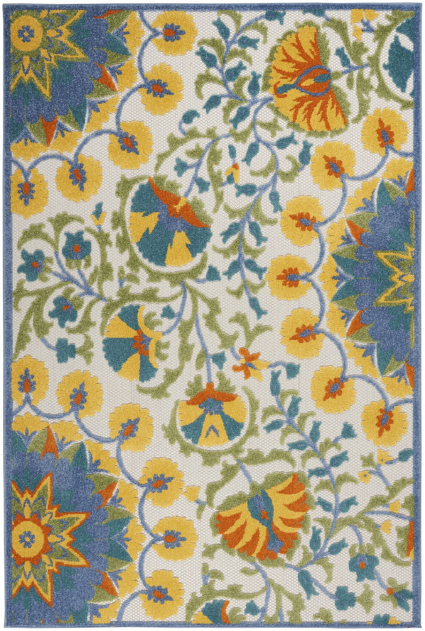 HomeRoots 5' Stylish Ivory and Blue Floral Area Rug - Durable Indoor/Outdoor Design for Elegant Spaces 6' x 9' 385063
