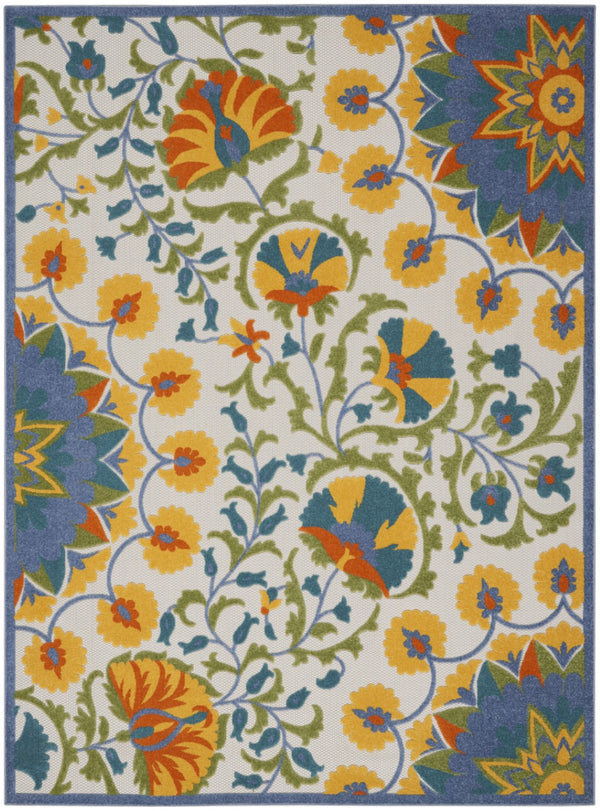 HomeRoots 5' Stylish Ivory and Blue Floral Area Rug - Durable Indoor/Outdoor Design for Elegant Spaces 7' x 10' 385065