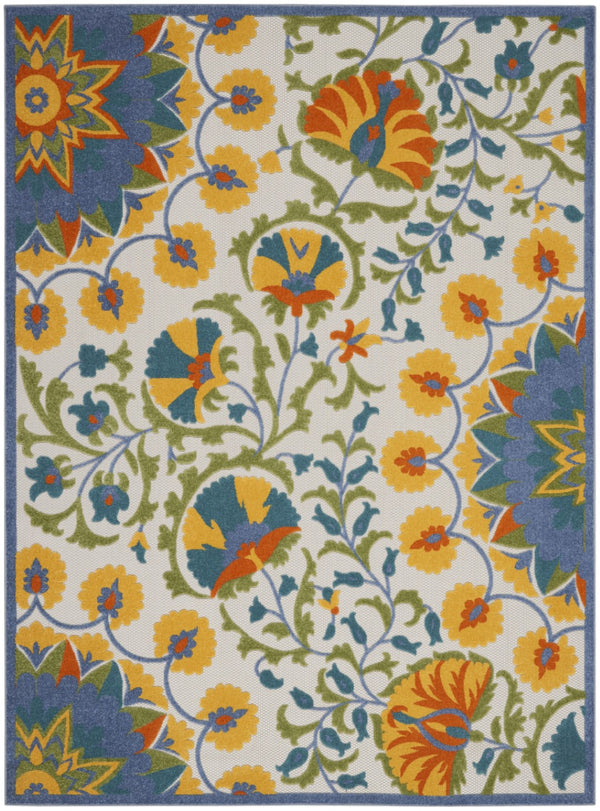 HomeRoots 5' Stylish Ivory and Blue Floral Area Rug - Durable Indoor/Outdoor Design for Elegant Spaces 7' x 10' 385065