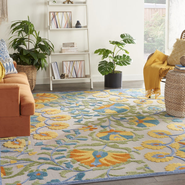 HomeRoots 5' Stylish Ivory and Blue Floral Area Rug - Durable Indoor/Outdoor Design for Elegant Spaces 8' x 11' 385068