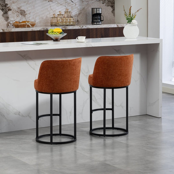 English Elm Counter Height Barstools Set of 2 Linen Upholstered Barrel Seat with Iron Legs Orange W395P410432