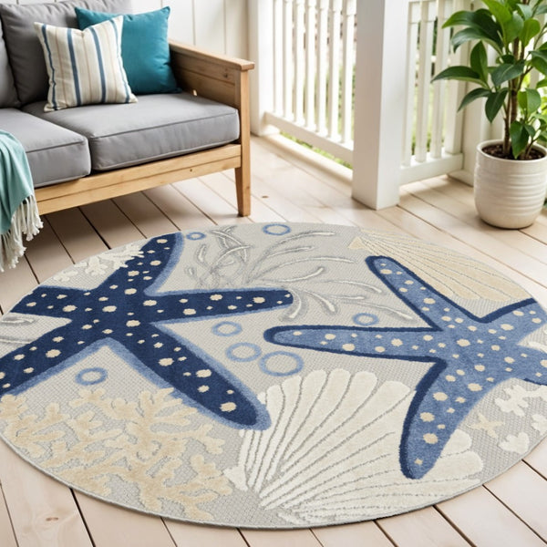 HomeRoots 5' Blue and Gray Indoor Outdoor Area Rug - Durable, Stylish, and Easy to Maintain for Any Space 5' Round 385075