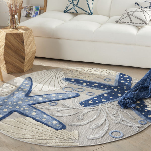 HomeRoots 5' Blue and Gray Indoor Outdoor Area Rug - Durable, Stylish, and Easy to Maintain for Any Space 5' Round 385075