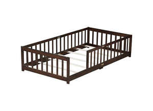 English Elm Twin Low Profile Rubberwood Floor Bed with Full Safety Fence for Toddler Rooms Espresso W504P429337