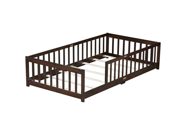 English Elm Twin Low Profile Rubberwood Floor Bed with Full Safety Fence for Toddler Rooms Espresso W504P429337