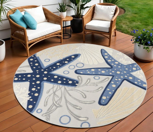 HomeRoots 5' Blue and Gray Indoor Outdoor Area Rug - Durable, Stylish, and Easy to Maintain for Any Space 8' Round 385083