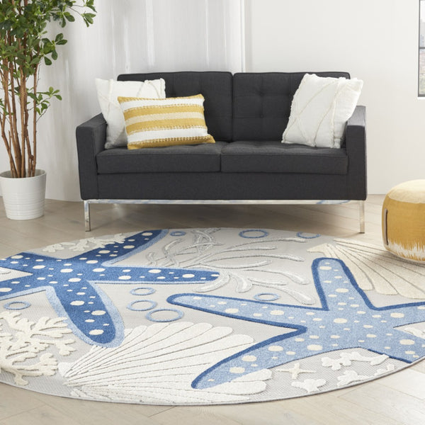 HomeRoots 5' Blue and Gray Indoor Outdoor Area Rug - Durable, Stylish, and Easy to Maintain for Any Space 8' Round 385083