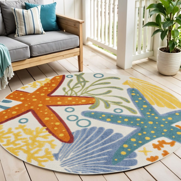 HomeRoots 5' Durable Yellow and Ivory Area Rug for Indoor and Outdoor Use – Stylish, Weather-Resistant Design 5' Round 385091