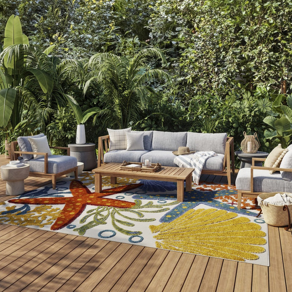 HomeRoots 5' Durable Yellow and Ivory Area Rug for Indoor and Outdoor Use – Stylish, Weather-Resistant Design 7' x 10' 385095