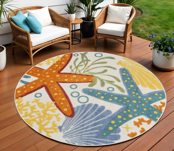 HomeRoots 5' Durable Yellow and Ivory Area Rug for Indoor and Outdoor Use – Stylish, Weather-Resistant Design 8' Round 385100