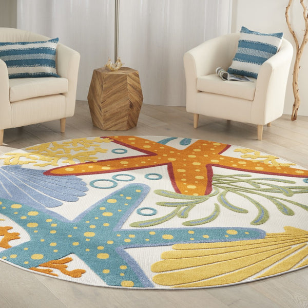 HomeRoots 5' Durable Yellow and Ivory Area Rug for Indoor and Outdoor Use – Stylish, Weather-Resistant Design 8' Round 385100