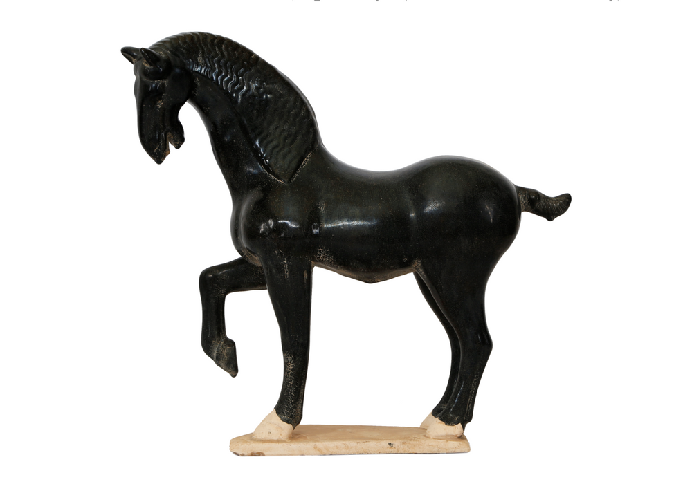 Lilys 16" High Terra Cotta Tang Horse Hoof Up, Black Glazed 3851