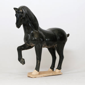 Lilys 16" High Terra Cotta Tang Horse Hoof Up, Black Glazed 3851