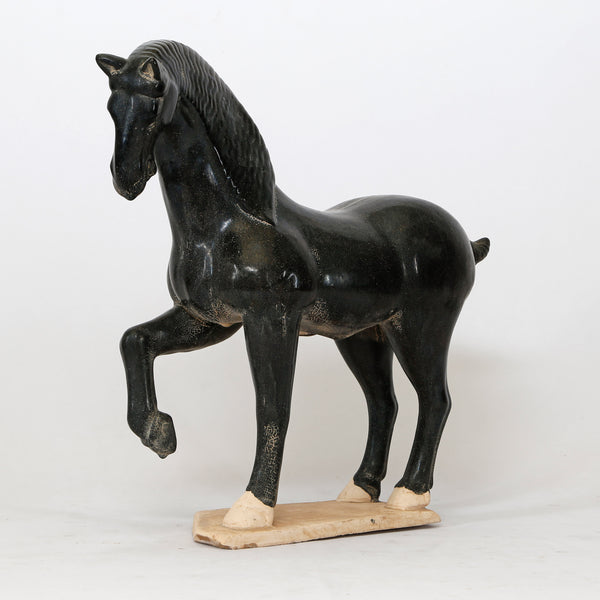 Lilys 16" High Terra Cotta Tang Horse Hoof Up, Black Glazed 3851