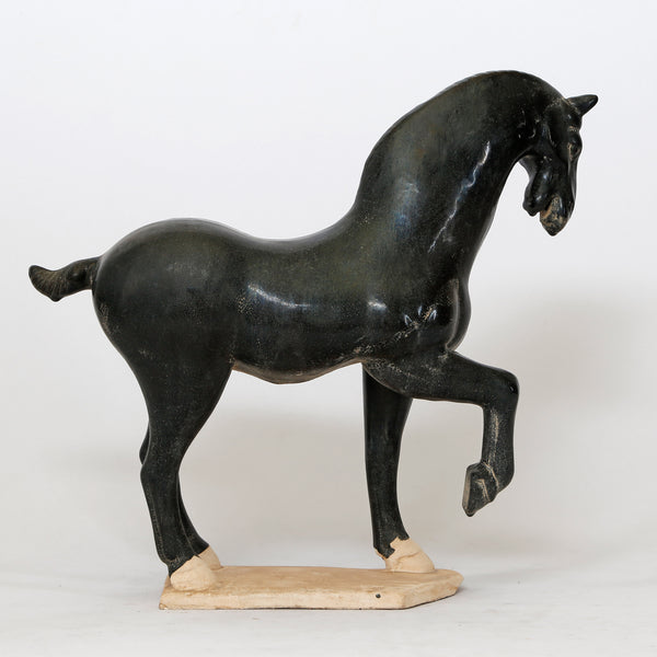 Lilys 16" High Terra Cotta Tang Horse Hoof Up, Black Glazed 3851