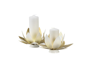 Chelsea House Lotus White Lacquer Candleholders With Gold Leaf Accents – Set Of 2 Sculptural Steel Pillar Stands 385106