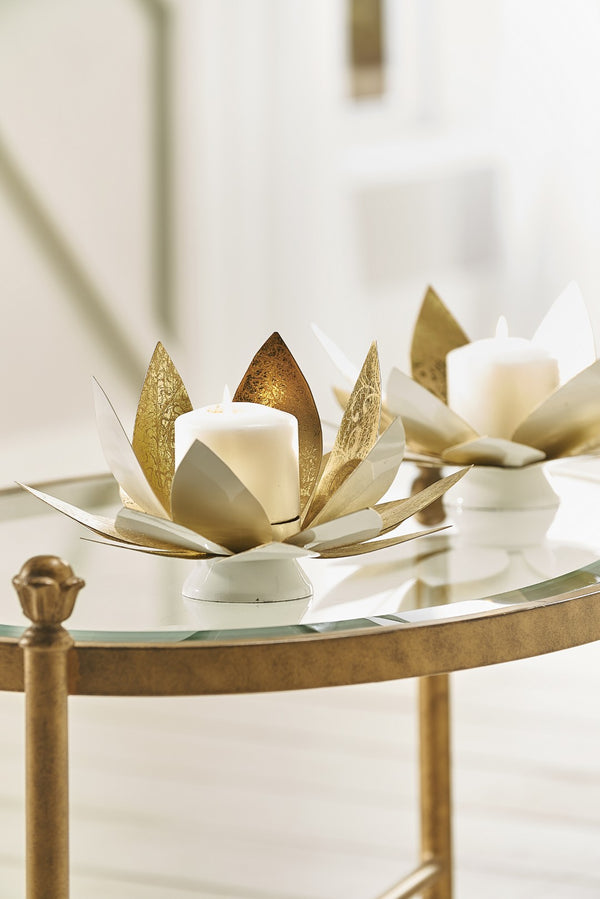 Chelsea House Lotus White Lacquer Candleholders With Gold Leaf Accents – Set Of 2 Sculptural Steel Pillar Stands 385106