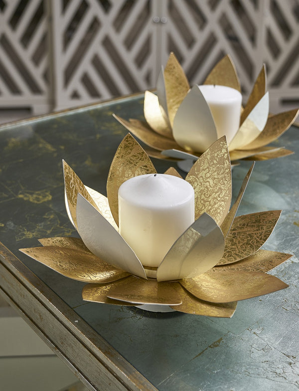Chelsea House Lotus White Lacquer Candleholders With Gold Leaf Accents – Set Of 2 Sculptural Steel Pillar Stands 385106