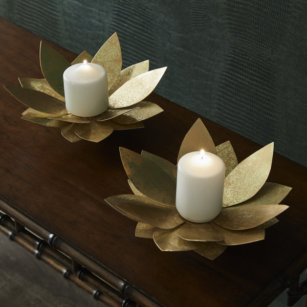 Chelsea House Lotus White Lacquer Candleholders With Gold Leaf Accents – Set Of 2 Sculptural Steel Pillar Stands 385106