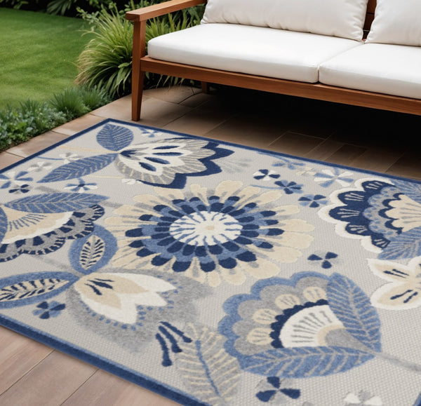 HomeRoots 7' Blue and Gray Indoor Outdoor Area Rug with Floral Motif - Durable, Easy to Clean, Versatile Design 7?x10' 385112
