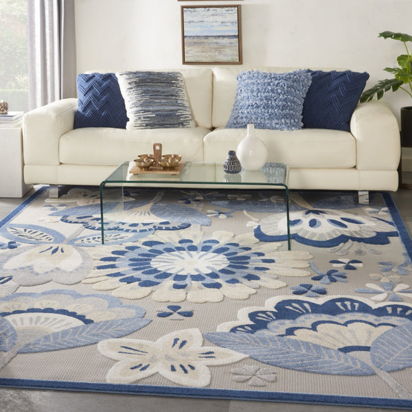 HomeRoots 7' Blue and Gray Indoor Outdoor Area Rug with Floral Motif - Durable, Easy to Clean, Versatile Design 7?x10' 385112