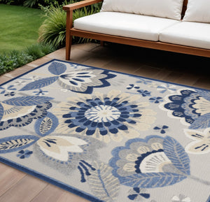 HomeRoots 8' Elegant Ivory and Blue Indoor Outdoor Area Rug with Timeless Floral Design for Any Space 8?x11' 385113
