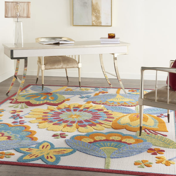 HomeRoots 7' Blue and Gray Indoor Outdoor Area Rug with Floral Motif - Durable, Easy to Clean, Versatile Design 7?x10' 385127