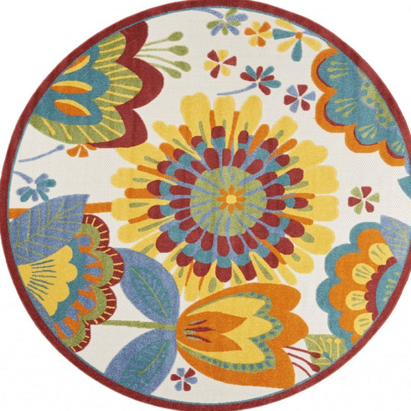 HomeRoots 5' Elegant Ivory and Blue Round Indoor-Outdoor Area Rug with Timeless Floral Design and Durability 8? 385131