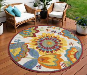 HomeRoots 5' Elegant Ivory and Blue Round Indoor-Outdoor Area Rug with Timeless Floral Design and Durability 8? 385131