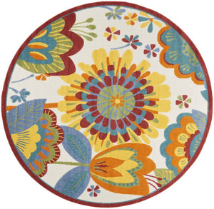 HomeRoots 5' Elegant Ivory and Blue Round Indoor-Outdoor Area Rug with Timeless Floral Design and Durability 8? 385131