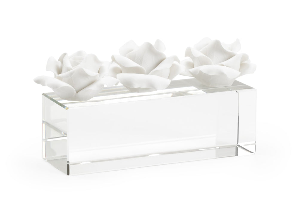 Chelsea House Rose Handcrafted Ceramic Roses On Clear Crystal Base By Claire Bell — Matte White Sculptural Accent, Timeless Decor (9" W X 5.5" H) 385137