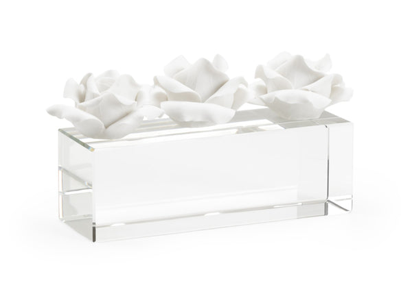 Chelsea House Rose Handcrafted Ceramic Roses On Clear Crystal Base By Claire Bell — Matte White Sculptural Accent, Timeless Decor (9" W X 5.5" H) 385137