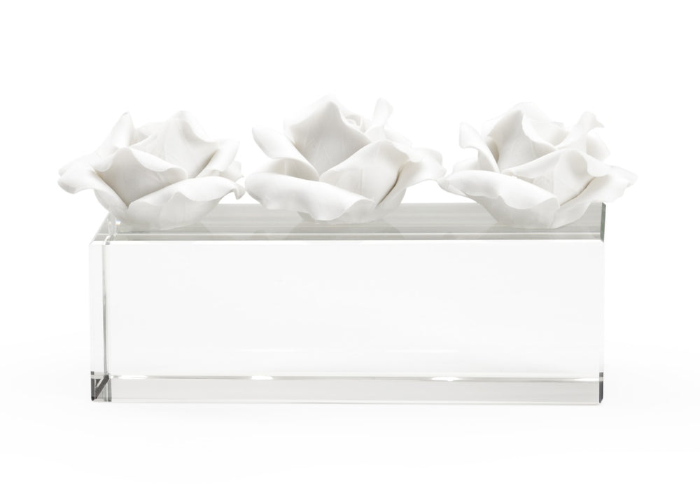 Chelsea House Rose Handcrafted Ceramic Roses On Clear Crystal Base By Claire Bell — Matte White Sculptural Accent, Timeless Decor (9" W X 5.5" H) 385137