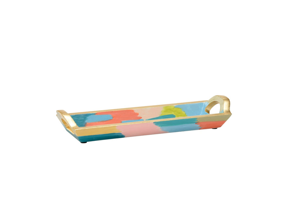 Chelsea House Rosie Hand-Painted Wood Tray Small With Antique Gold Leaf, Vibrant Colors & Cut-Out Handles 385162