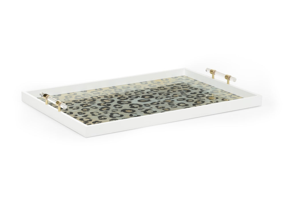 Chelsea House Leopard Tray By Elaine Burge — Safari Chic Serving & Display Tray With Glass Top, Acrylic Handles, Brass Accents 385165
