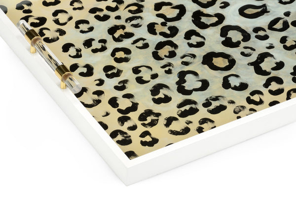 Chelsea House Leopard Tray By Elaine Burge — Safari Chic Serving & Display Tray With Glass Top, Acrylic Handles, Brass Accents 385165
