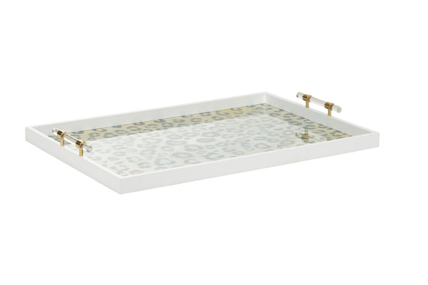 Chelsea House Leopard Tray By Elaine Burge — Safari Chic Serving & Display Tray With Glass Top, Acrylic Handles, Brass Accents 385165